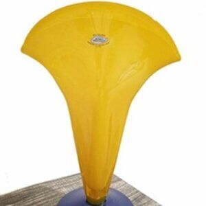 Vtge Blenko Glass Millennium Opaline Yellow Cobalt 12.25” Label Signed Fan Vase